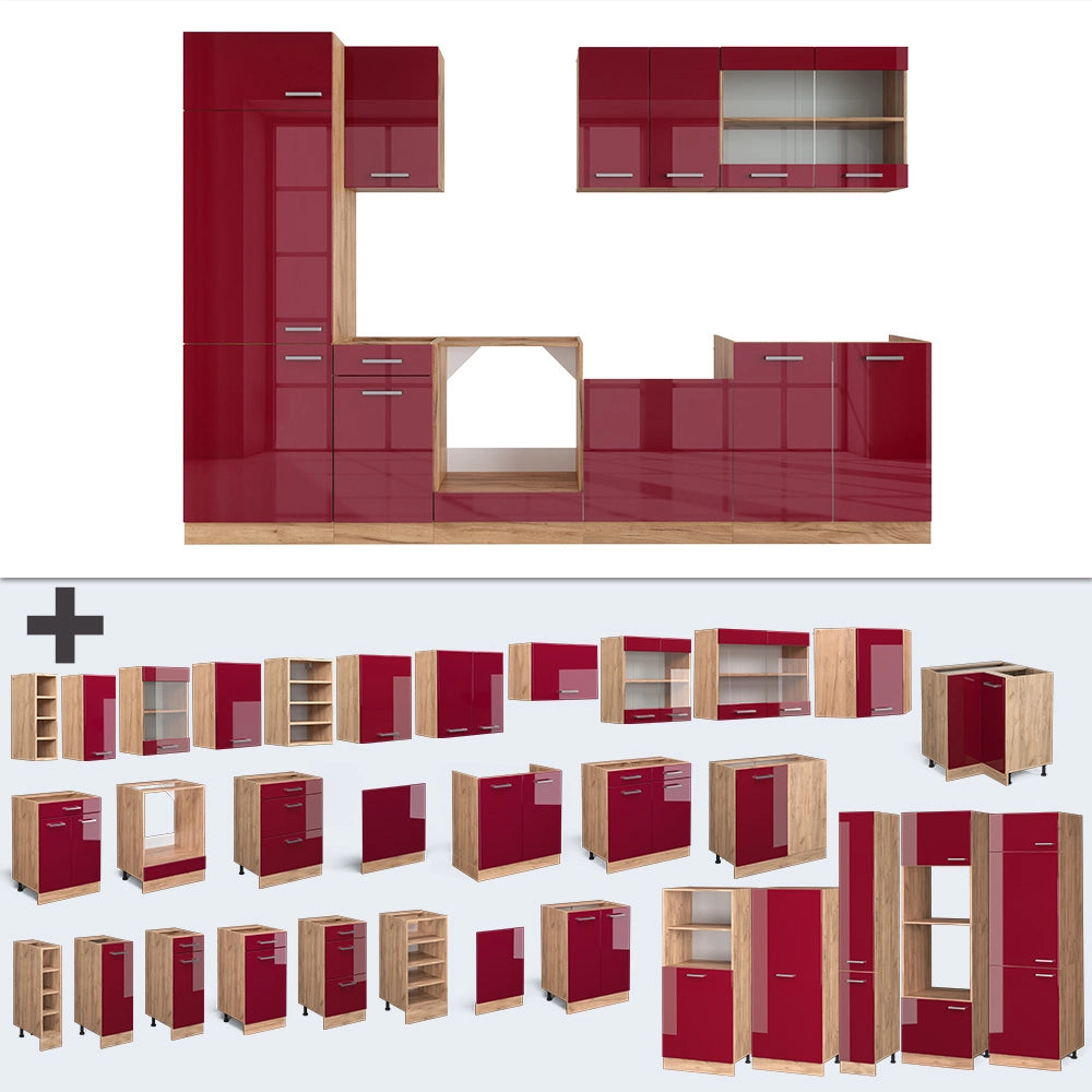 Vicco Cucina componibile Rosso lucido/rovere dorato 300 cm senza piano di lavoro