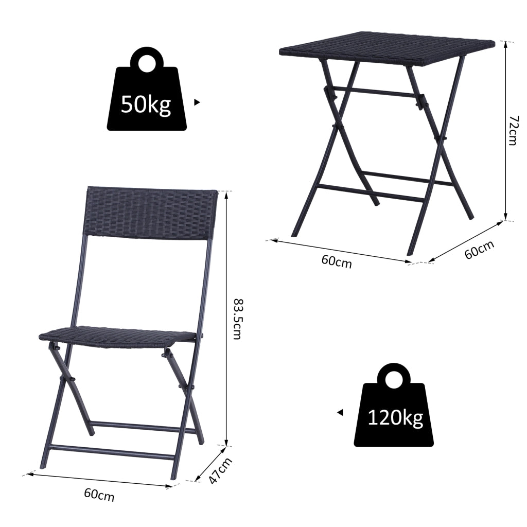 EasyComfort Set da Giardino Pieghevole da 3 Pezzi in Rattan PE e Metallo, Set 2 Sedie e Tavolino da Caffè, Protezione dai Raggi UV, Set di Mobili da Balcone, per Patio e Cortile, Nero