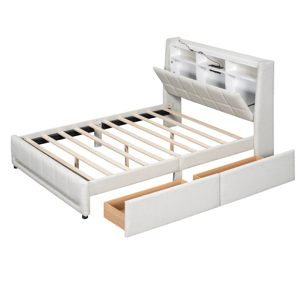 Letto imbottito 140 x 200 cm in lino e MDF, beige, con LED APP, USB, 2 cassetti e vani contenitore, senza materasso