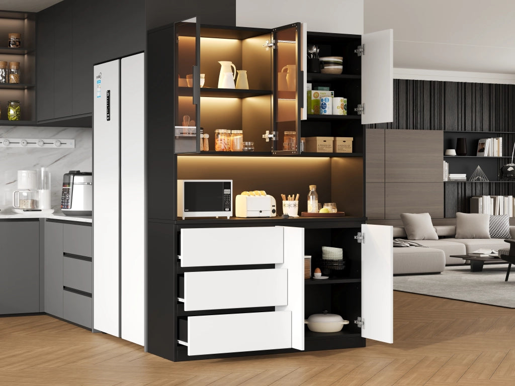 Credenza alta con LED, 6 ante, 3 cassetti e ripiani, per cucina e sala da pranzo, bianco e nero, 120.5 × 40 × 180 cm