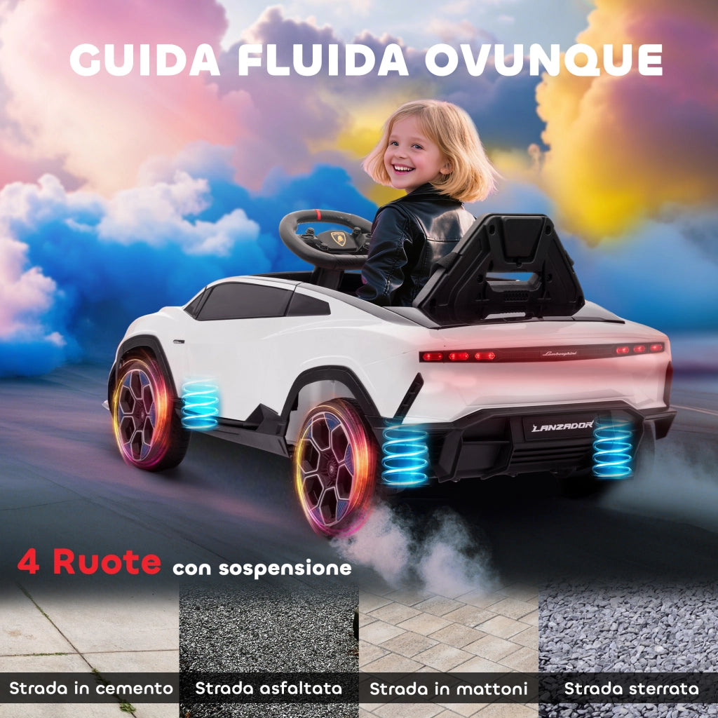Macchina Elettrica per Bambini 101.5x49x43 cm Licenza Lamborghini 12V con Luci LED Clacson e Telecomando Bianca