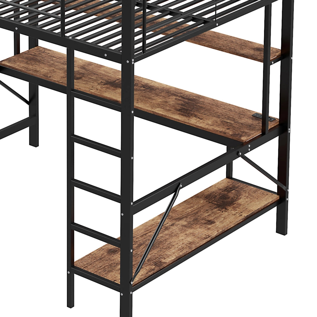 Letto a Soppalco Letto Matrimoniale con USB; Presa; LED; Scrivania e Scaffali 140×200 cm; senza Materasso