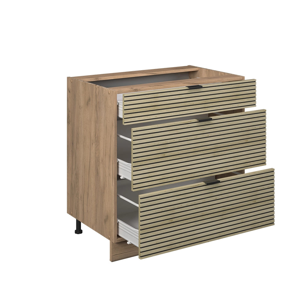 Mobiletto base per cucina Fame-Line Pannello in quercia/Rovere dorato 80 cm con 3 cassetti, senza AP Vicco