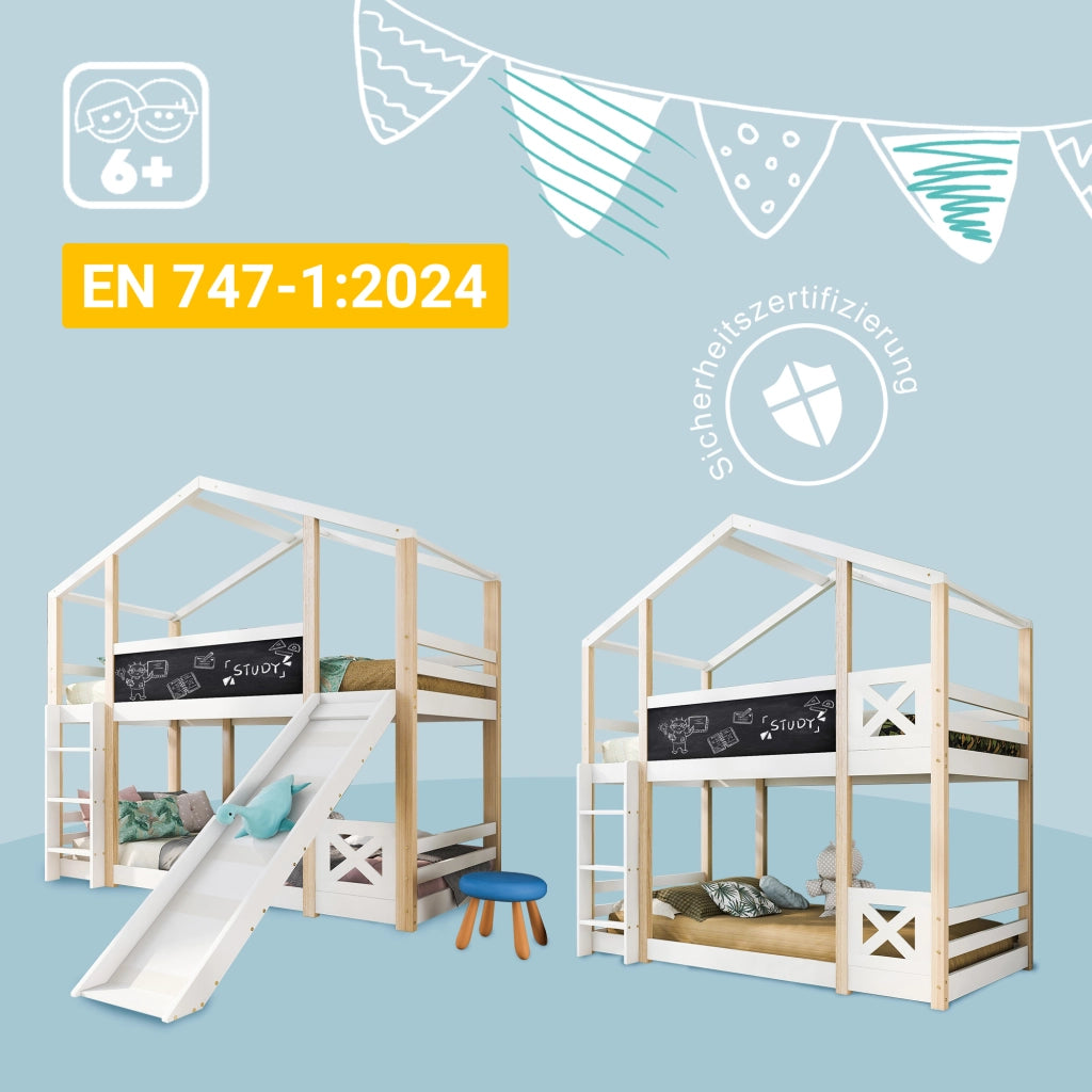 OKWISH Letto a Casetta 90×200 cm, Letto Singolo con Scivolo, Scala e Lavagna, senza Materasso, in Legno Massello, Bianco