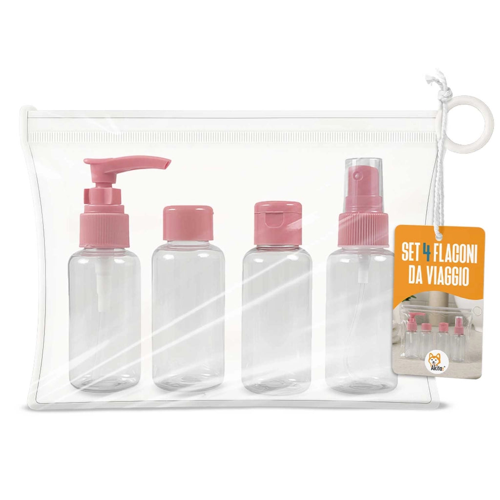 Akitaink Set Flaconi da Viaggio 4 Pz con Borsa Rosa 100 ml