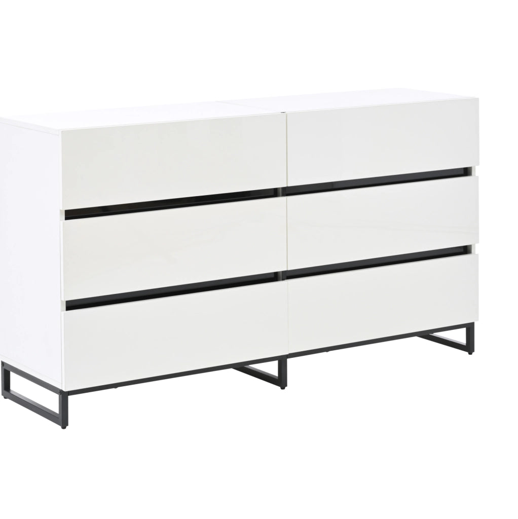 Credenza ULEVR 140x39,5x78,5 cm con 6 cassetti e gambe in metallo, bianco e nero