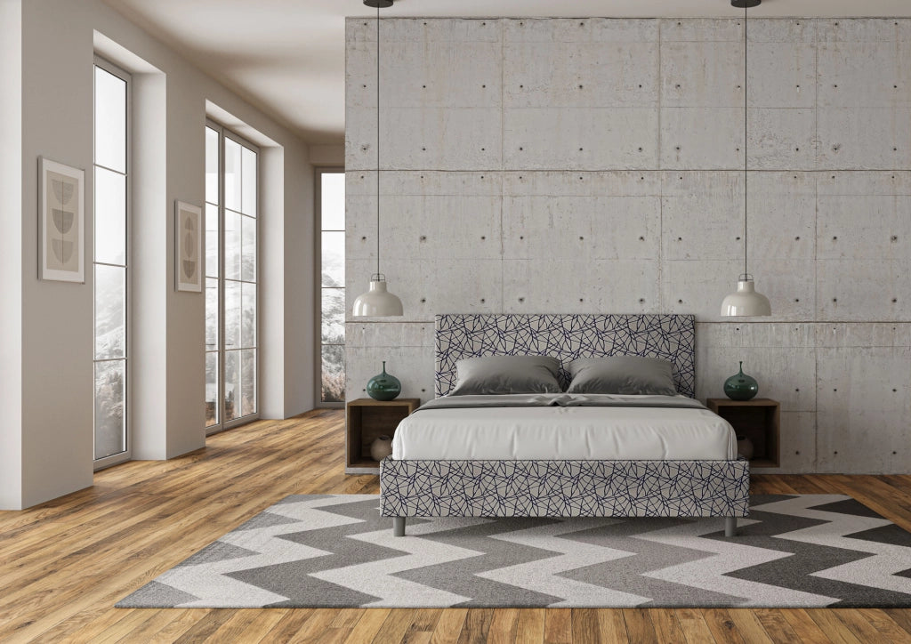 Letto Matrimoniale 160x210 cm con Rete e Contenitore Giroletto con Alzata Comoda Imbottito in Tessuto Era Adele Blu
