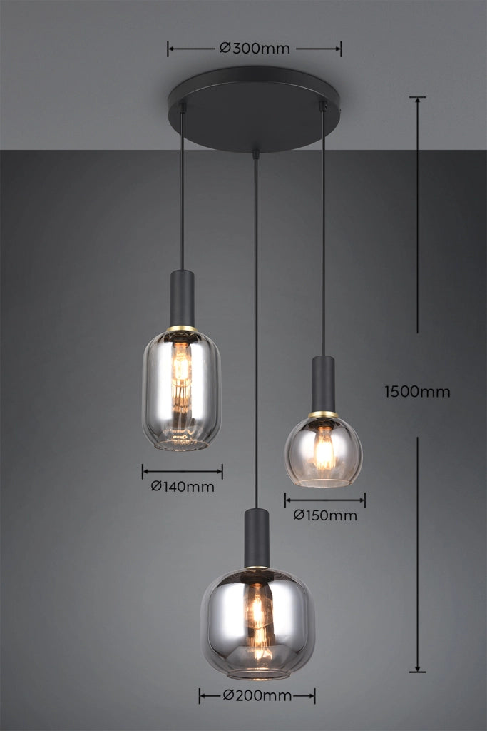 Lampada sospensione Trio Diva nera 3xE27 vetro cromo