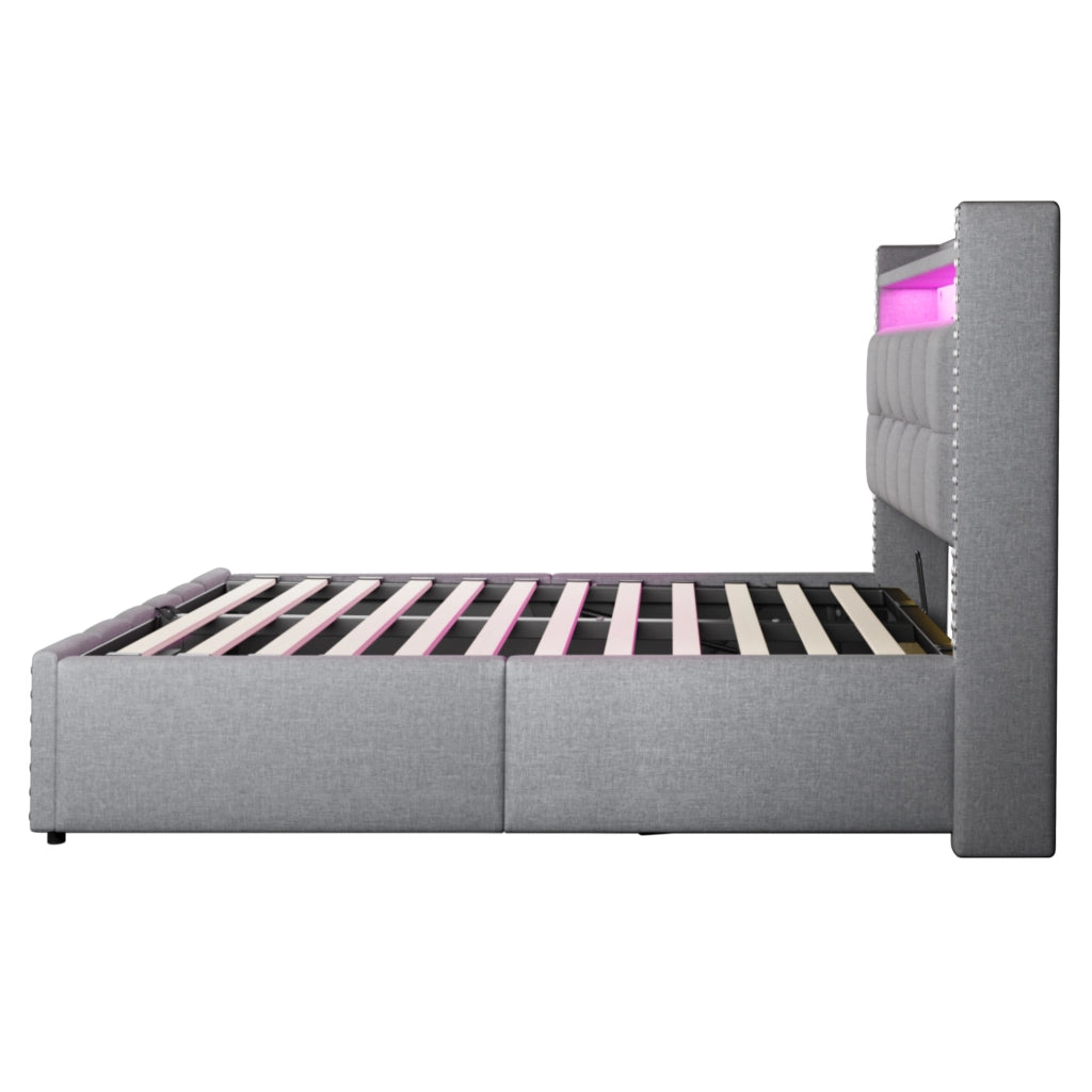 Letto imbottito 160x200 cm con LED, porta USB, testiera con ripiani e contenitore idraulico, tessuto effetto lino grigio chiaro