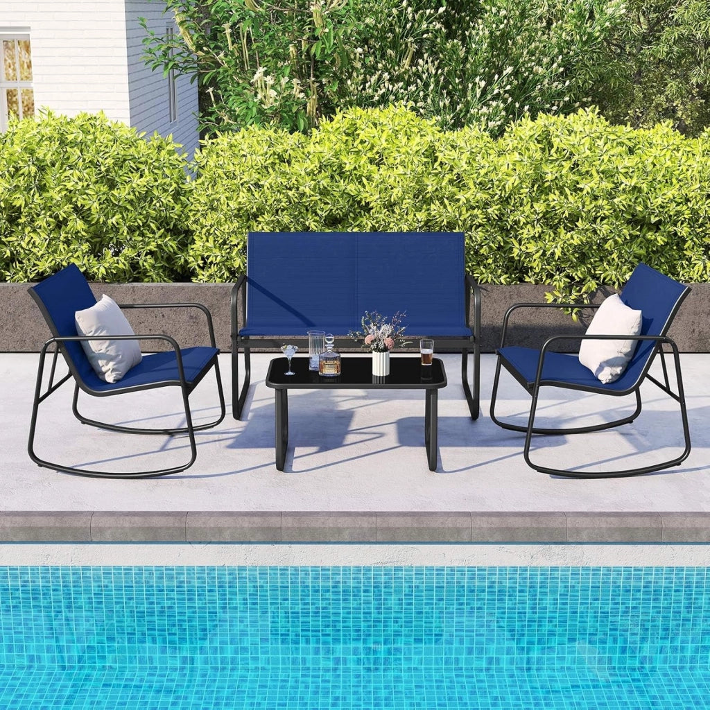 Set da Bistrò in Tessuto Textilene, Set da Giardino in 4 Pezzi, Tavolo Portato 50 kg, 2 Sedie a Dondolo Portate 150 kg, e Divanetto Portato 300 kg, Set Tavolo e Sedie da Esterno (Blu)