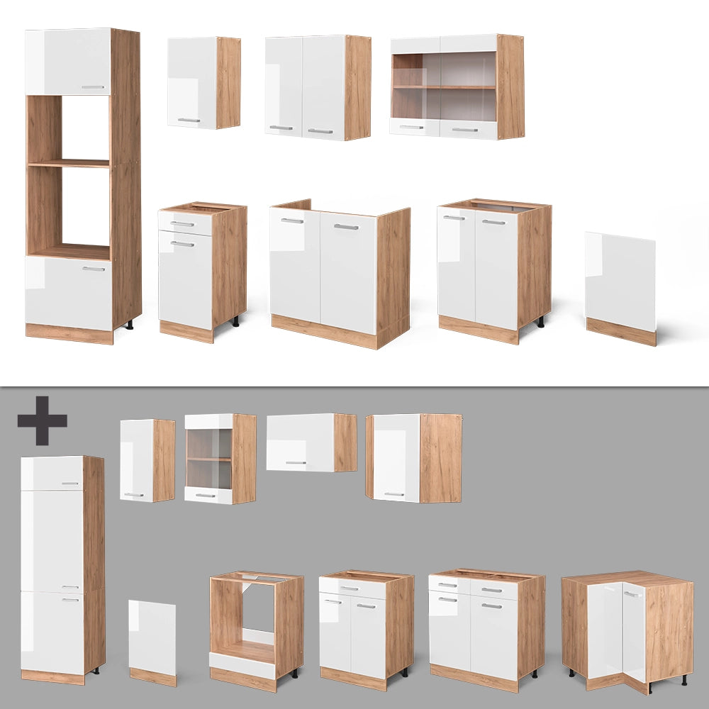 Vicco Cucina componibile Bianco lucido/oro power oak 300 cm con armadio alto, PL Rovere