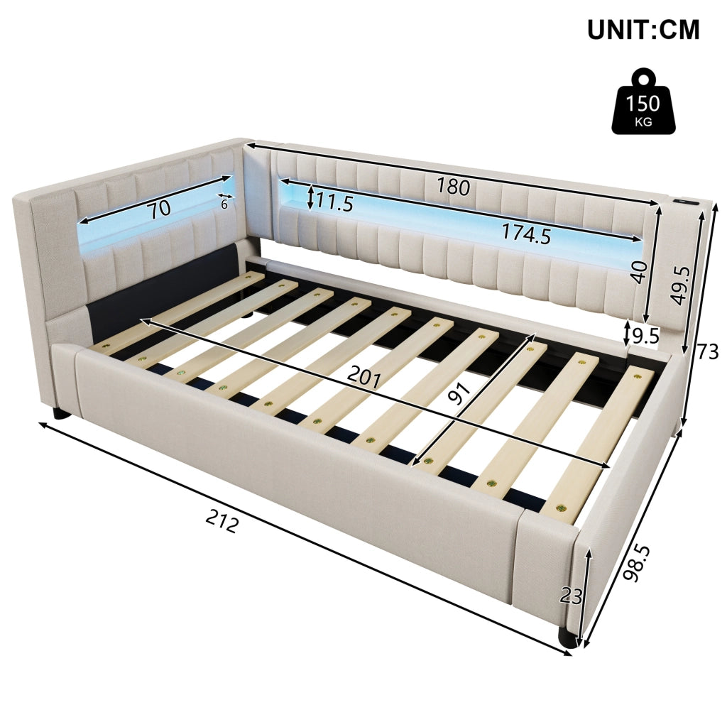 Letto da giorno 90x200 cm con LED; contenitore idraulico; USB e Type-C in lino beige
