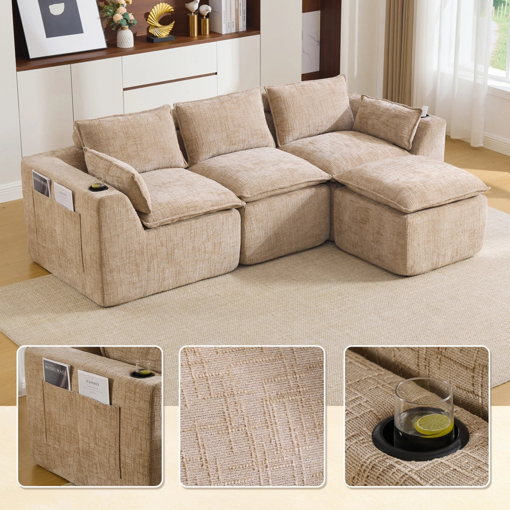 Divano modulare 3 posti con tasche laterali e cuscini, in chenille khaki e nucleo a molle, 256 × 161 × 75 cm