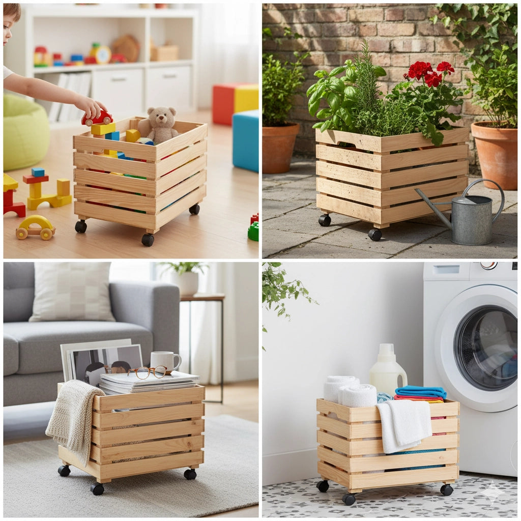 Cesta Scatola Contenitore con Ruote 35x50x35 cm in Legno di Pino Naturale