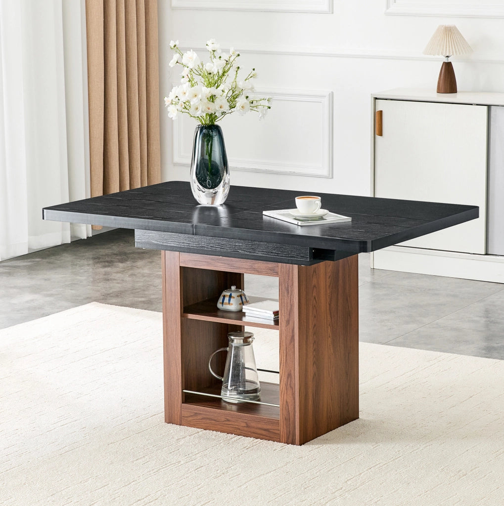 Tavolo da pranzo allungabile 130-160 cm con ripiano; MDF; nero e noce