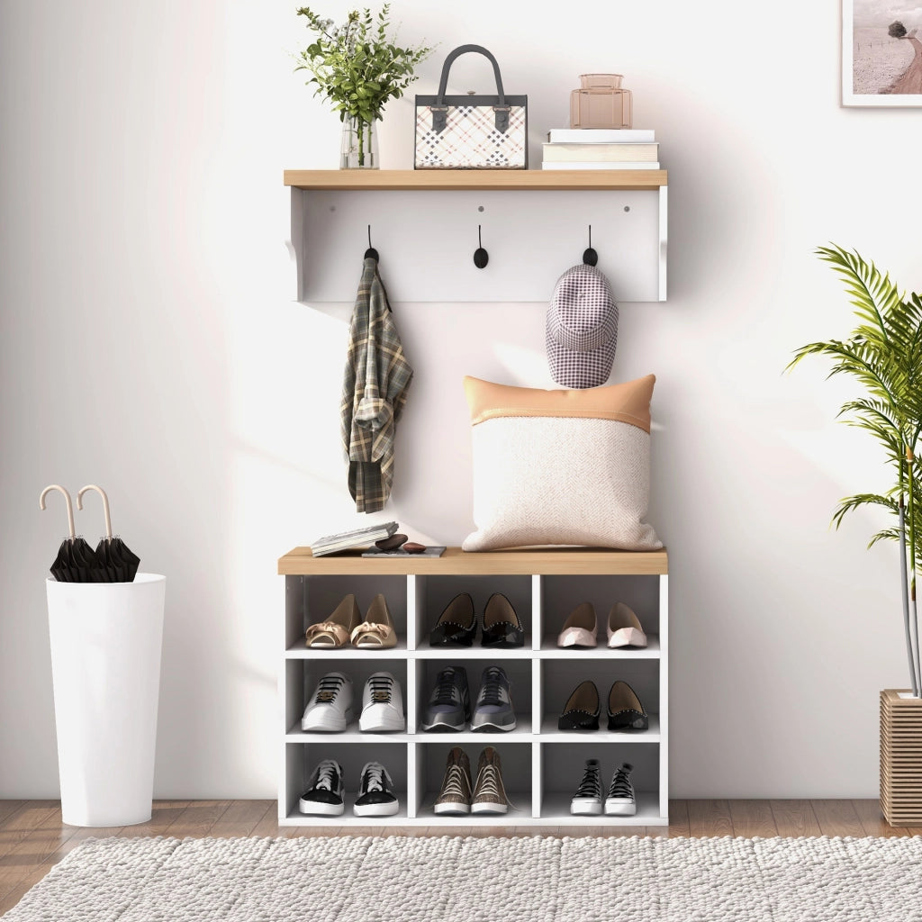 Mobile ingresso 2-in-1 appendiabiti muro panca scarpe ¨C zephmum ¨C bianco rovere 75x30x50 cm