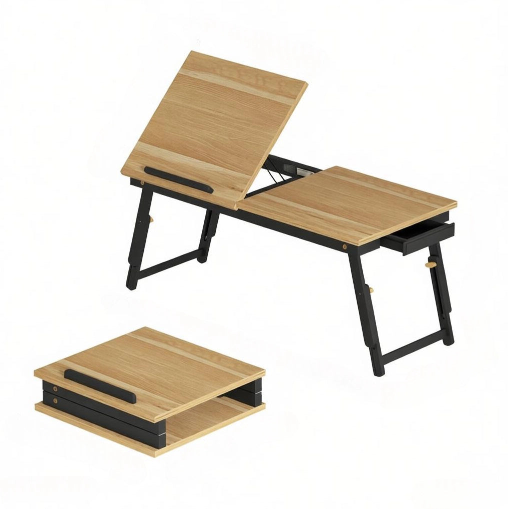 Tavolino laptop 83,5x33 cm nero e rovere in bambù e MDF, con cassetto laterale