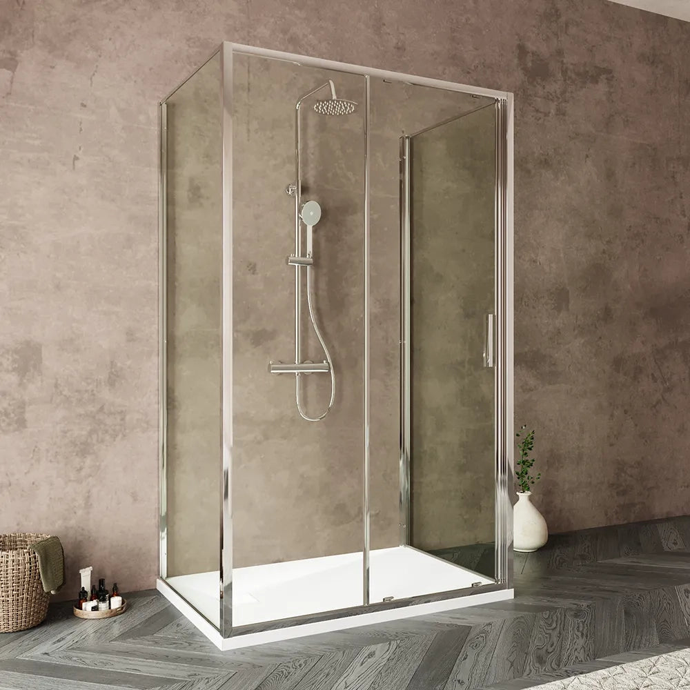 Box doccia tre lati 90x100x90cm con porta scorrevole profili cromati e vetro 6mm trasparente h190 | Portofino