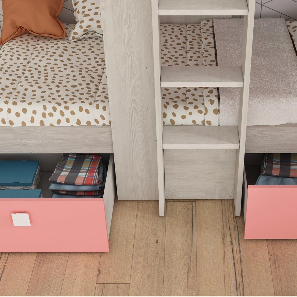 Letto a castello bianco consumato e rosa flamingo con armadio e cassetti 1267