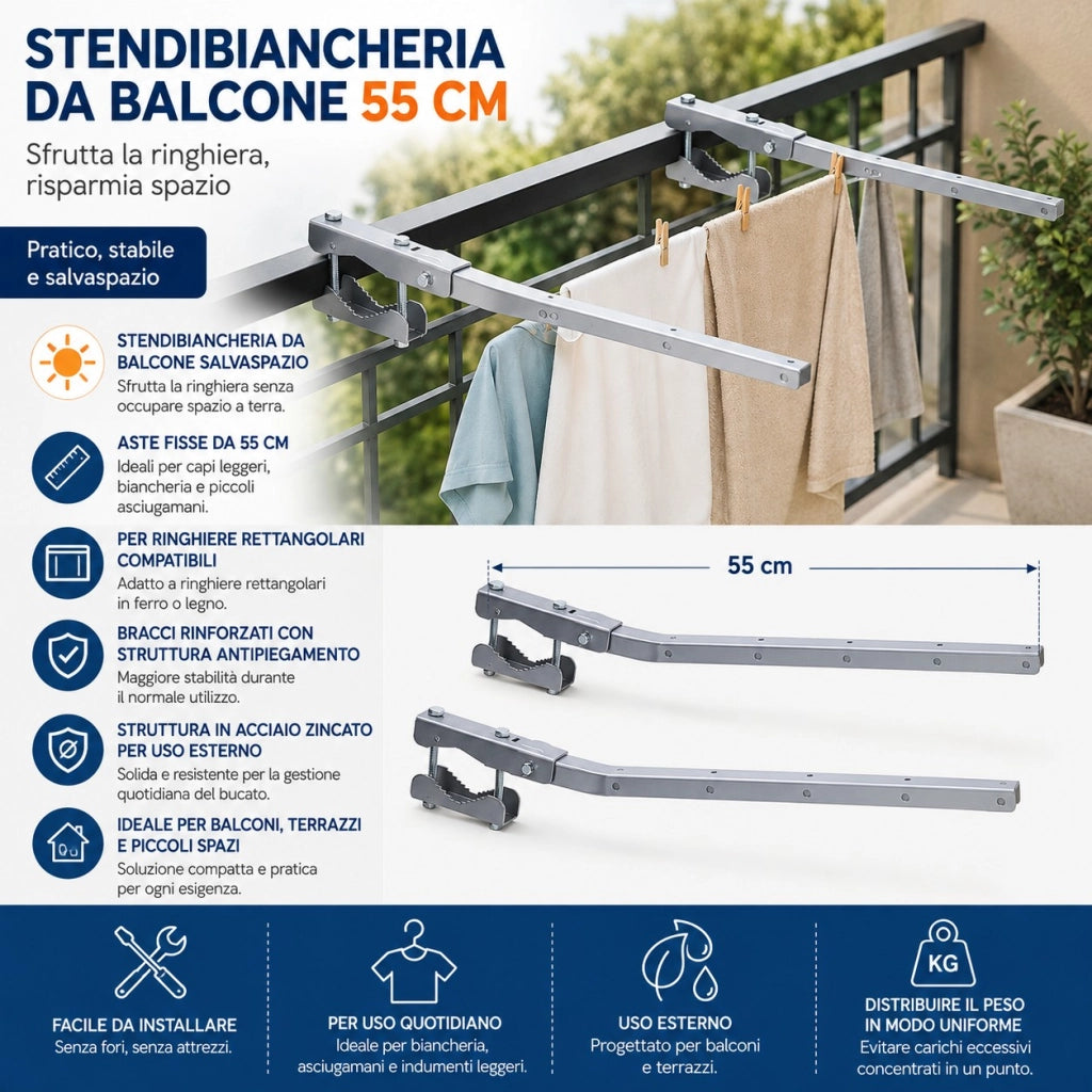 Stendibiancheria Balcone 55 cm per Ringhiera Rettangolare in Acciaio Zincato