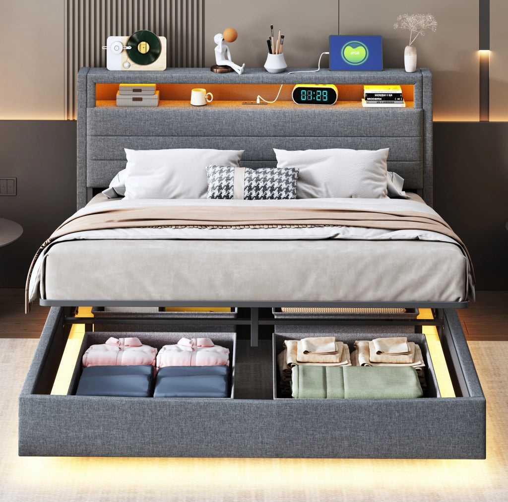 Letto matrimoniale imbottito 140x200 cm grigio con USB; LED e contenitore idraulico