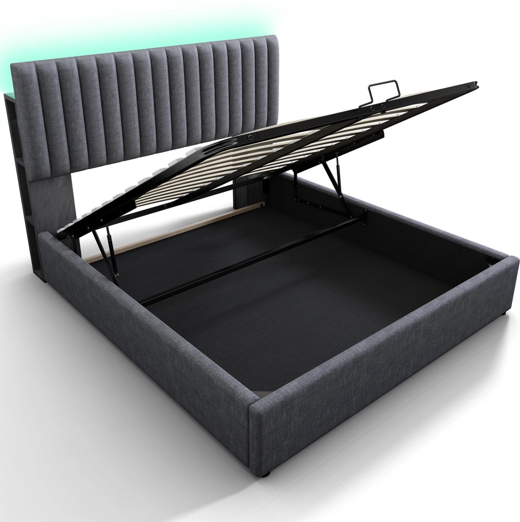 Letto matrimoniale imbottito 140x200 cm in lino grigio con contenitore; LED e porte USB Type C