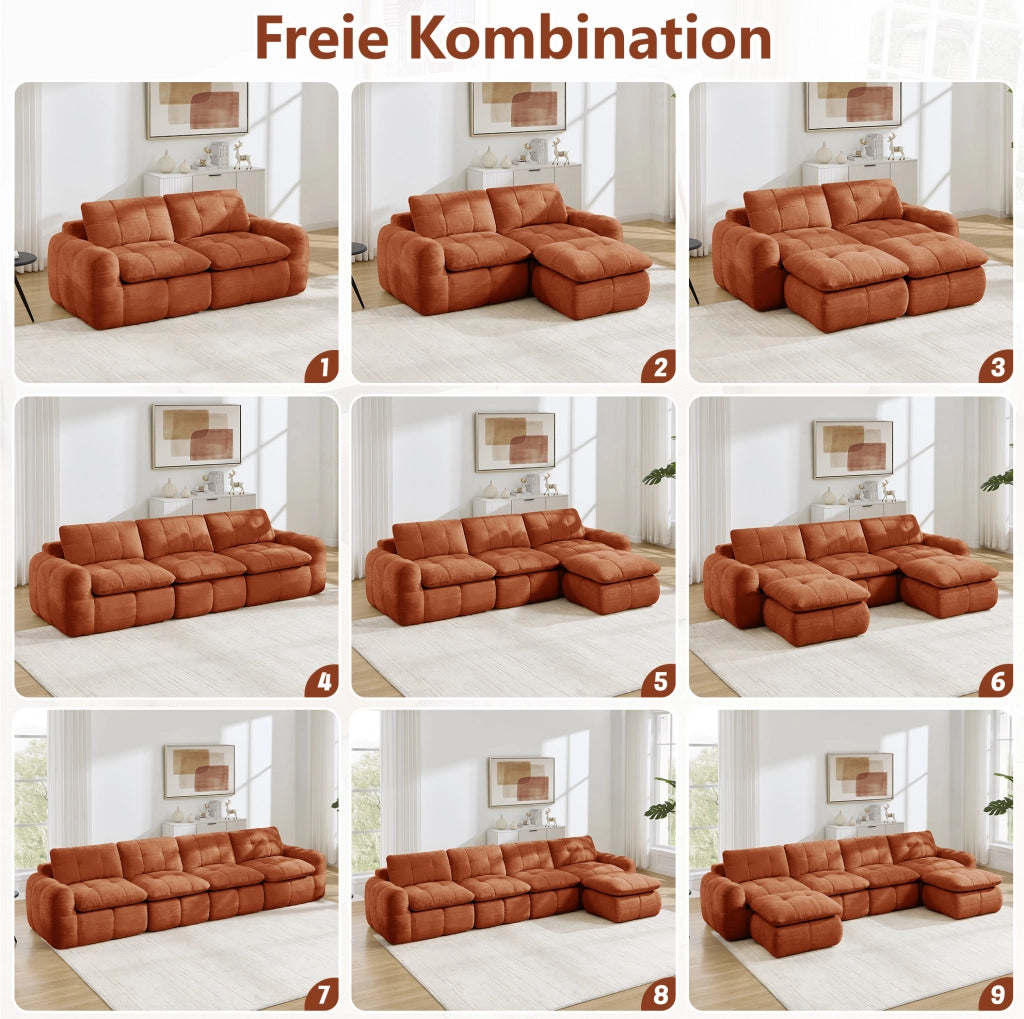 Divano modulare a U 3 posti con 2 pouf 264x160x68 cm in chenille arancione