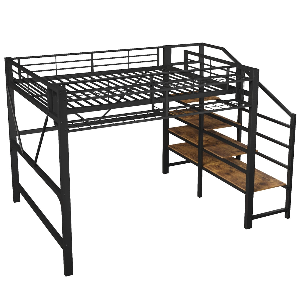 Letto a soppalco ULEVR 140x200 cm con LED dimmerabile, scala con ripiani e vano aperto, nero