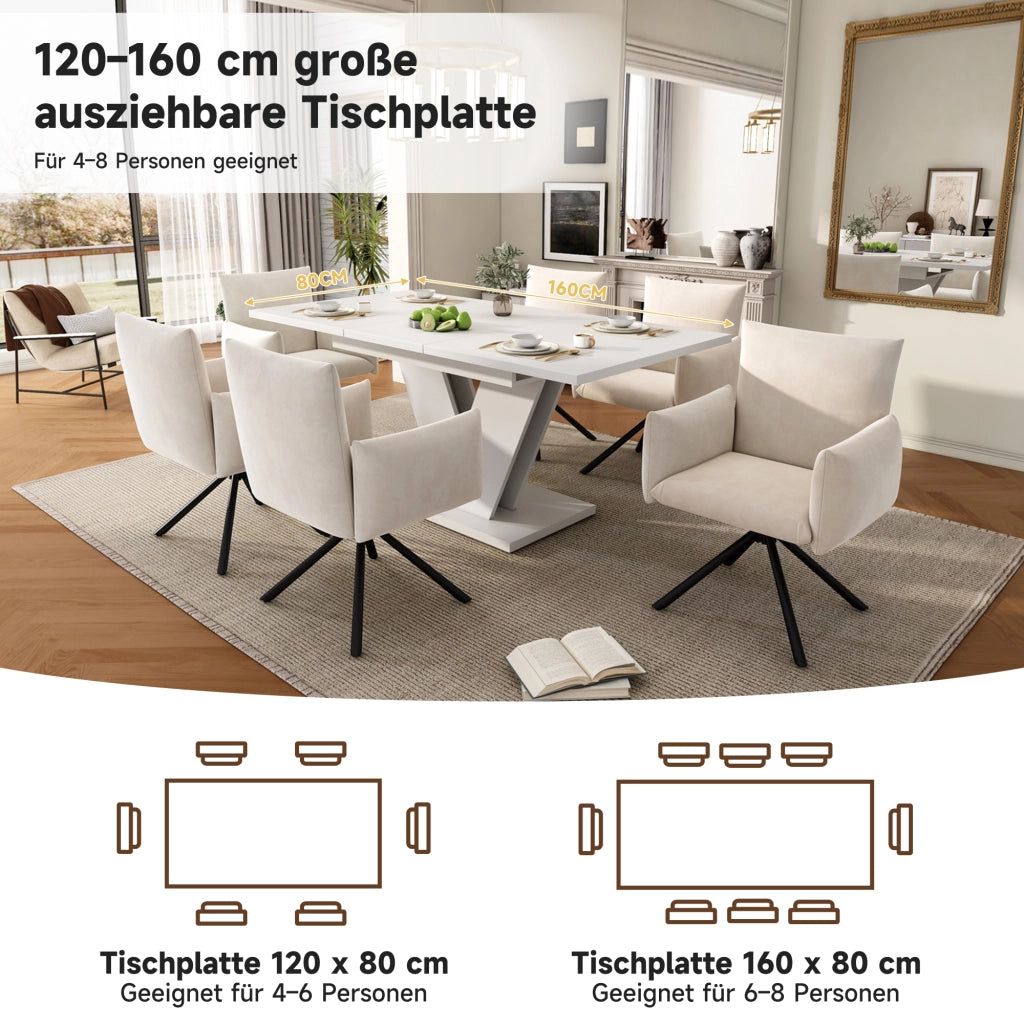 Tavolo da pranzo allungabile per 4-8 persone con piano rettangolare e gambe in metallo a V bianco