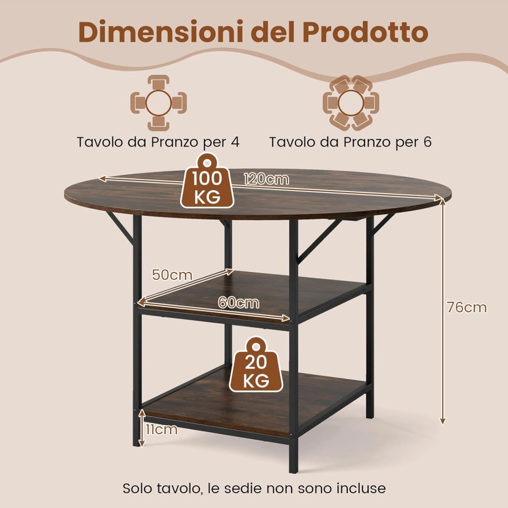 Tavolo da Pranzo Rotondo 120 cm per 4-6 Persone, Tavolo da Cucina Rustico con Ripiano Aperto a 2 Livelli e Struttura in Metallo, Tavolino in Legno per Sala da Pranzo (Marrone)