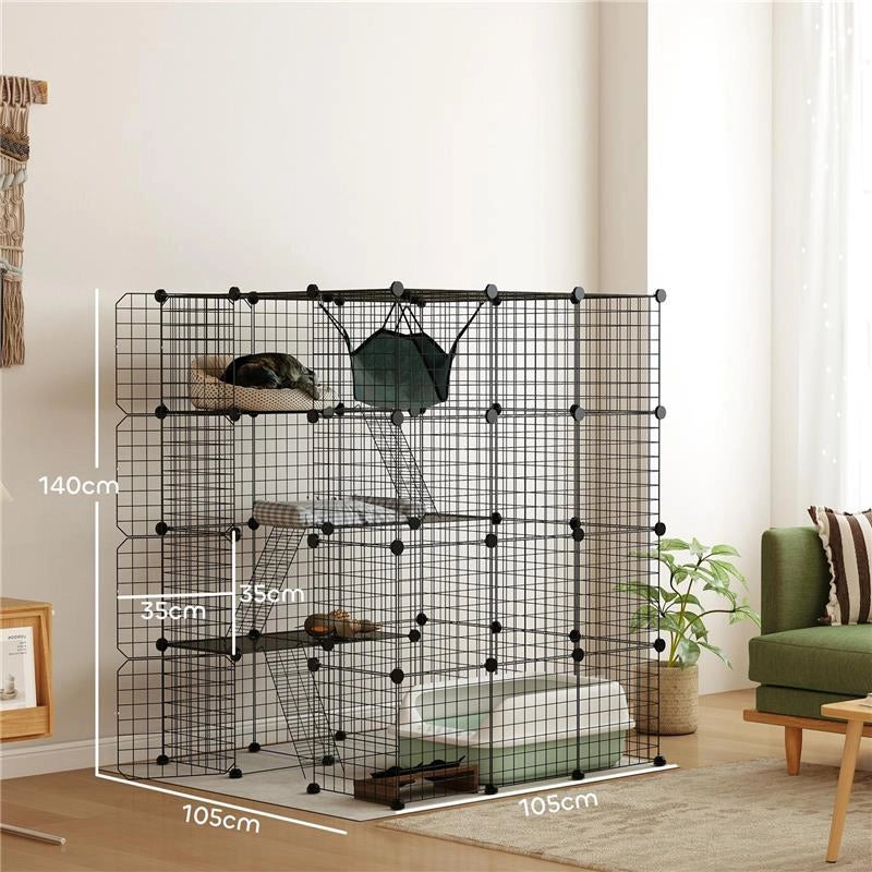 GABBIA PER GATTI MODULABILE A 4 LIVELLI CON PIATTAFORME RAMPE E 5 PORTE IN ACCIAIO E PP 105X105X140 CM NERO