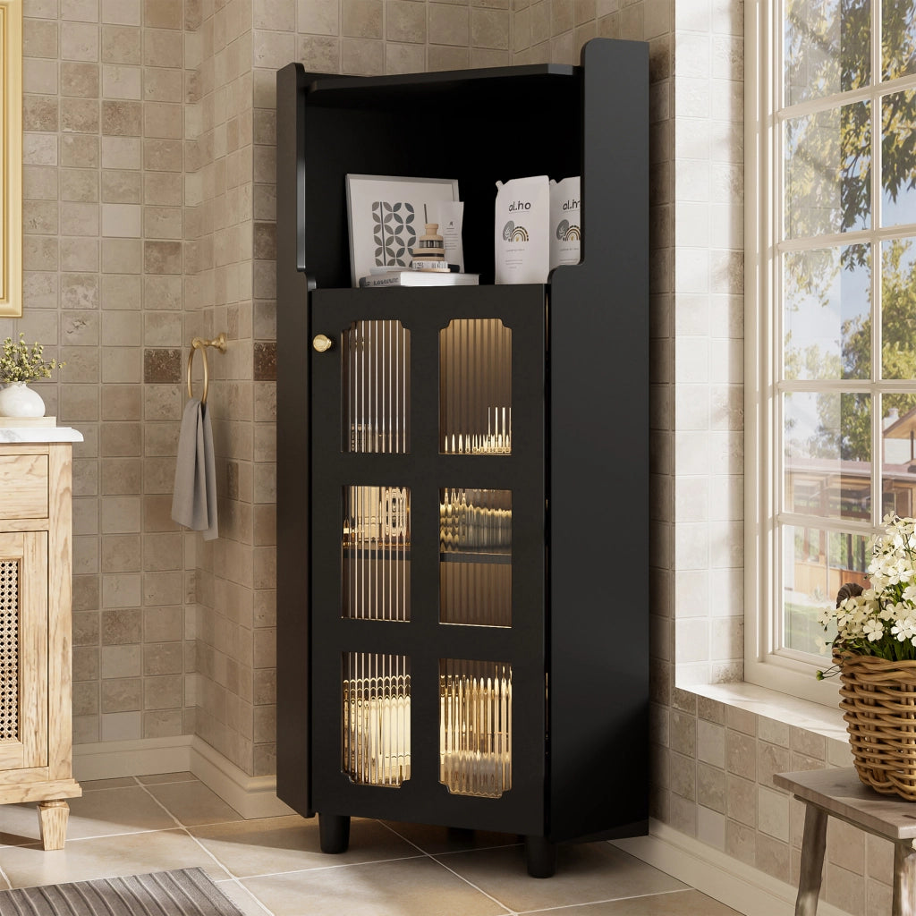 Mobile angolare con LED da app, vano aperto e vetrina a 2 livelli, per soggiorno e bagno, in MDF nero, 63.5 × 124 cm