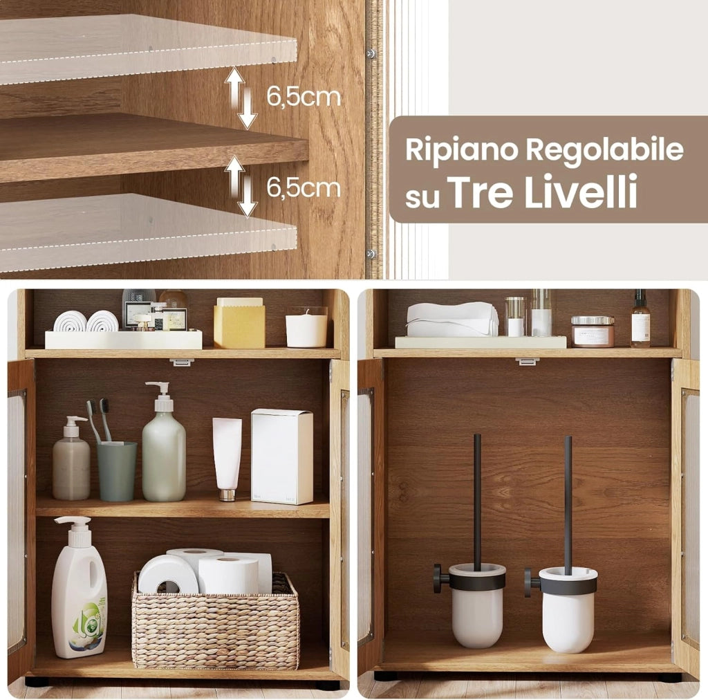 Mobile da Bagno, Mobiletto Salvaspazio con 2 Ante e Ripiano Regolabile a 3 Livelli, Scomparto Aperto, Design Anti-Ribaltamento e Piedini Rialzati, Armadietto per Lavanderia (Naturale)