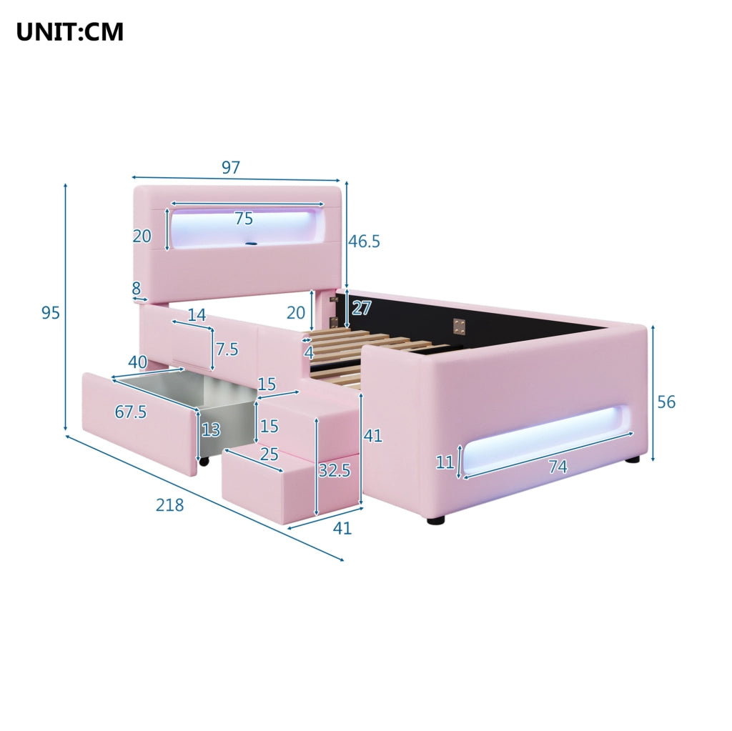 Letto piattaforma imbottito 90x200 cm rosa con cassetti, scala, luci LED e porte USB