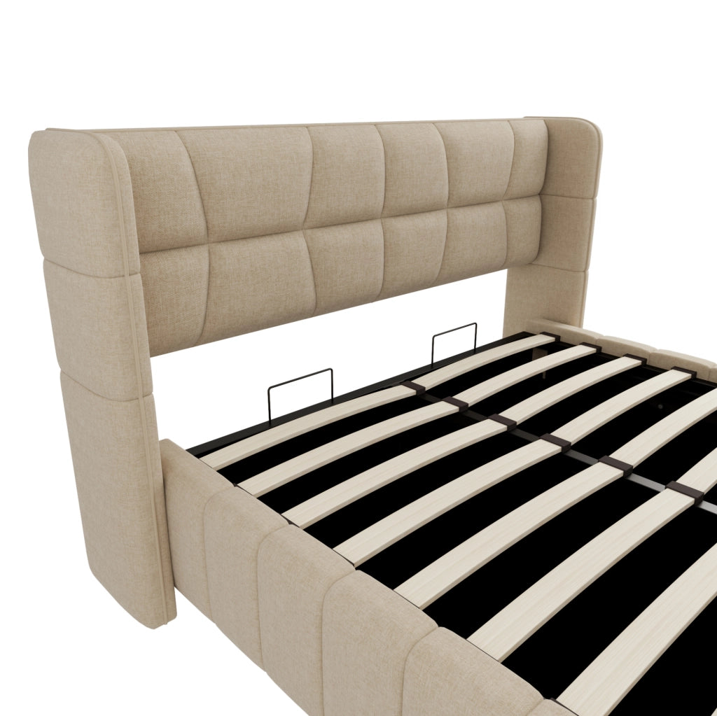 Letto imbottito 140x200 cm con contenitore e rete a doghe; in tessuto beige