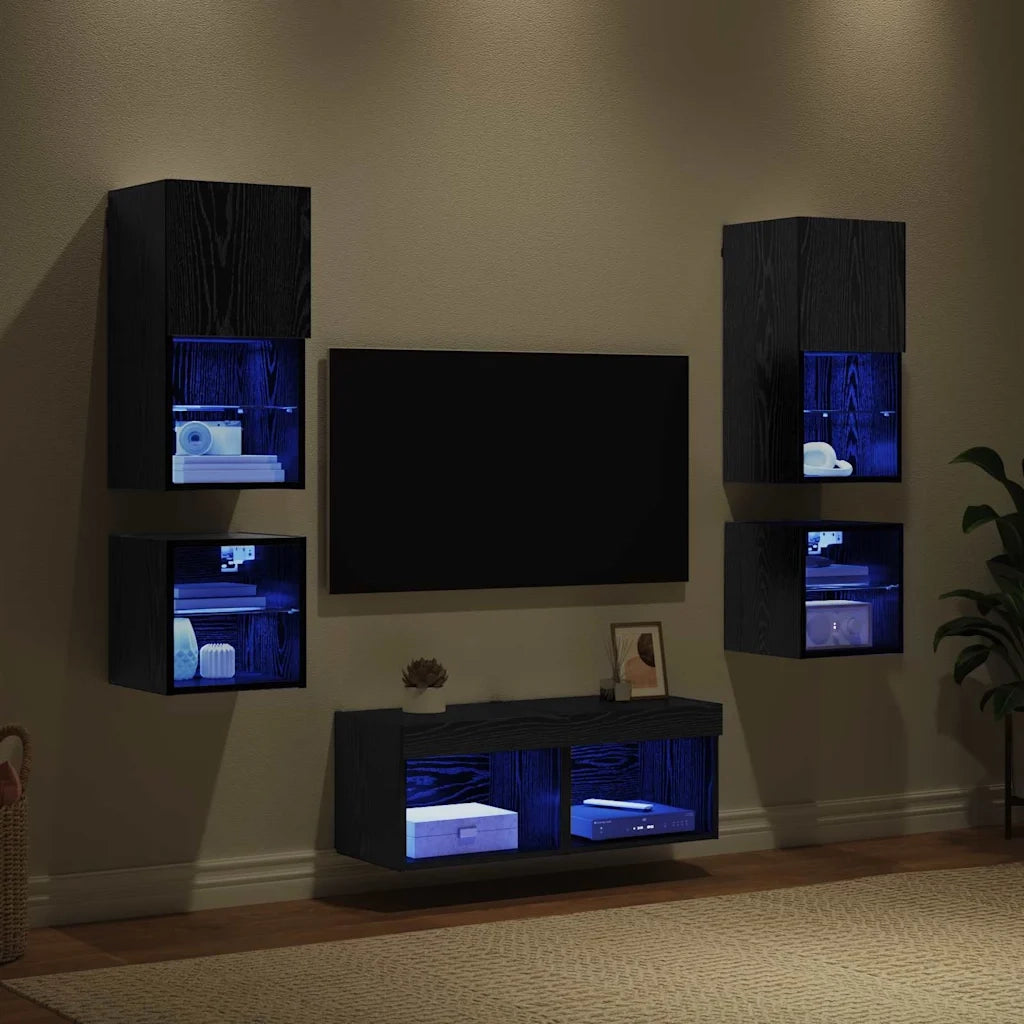 Unità per TV a Muro 8 pcs Rovere Nero Legno multistrato