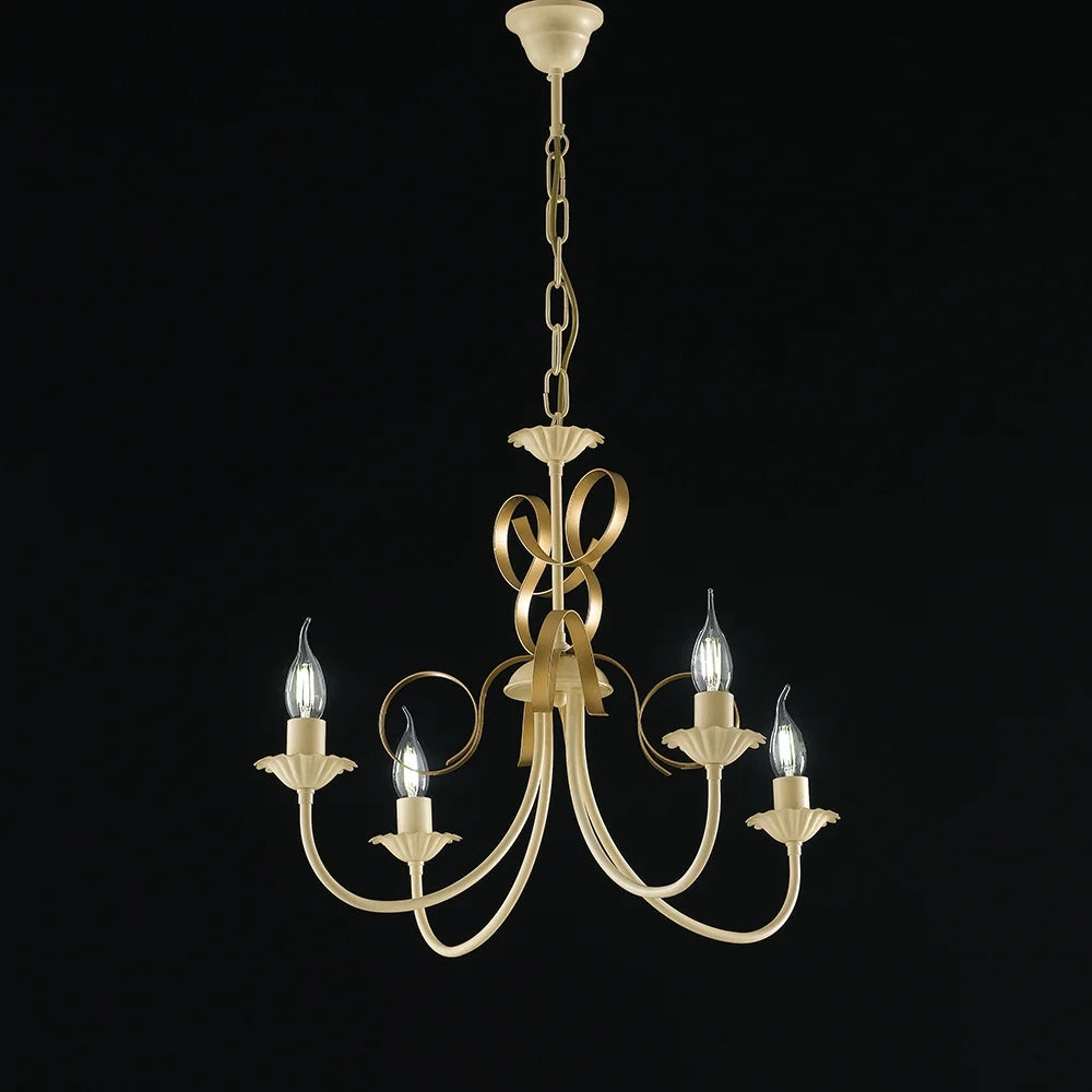 Lampadario Classico 4 Luci Ferro Battuto Avorio E Oro Serie Bandolo
