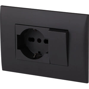PLACCA C/SUPP PULSANTE+PRESA BIPAS SCHUKO NERO