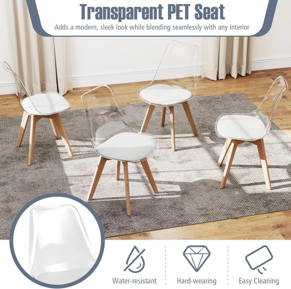 Set di 4 Sedie da Pranzo Trasparenti, Sedie da Cucina con Seduta Imbottita, Schienale Curvo e Gambe in Legno Massello, per Soggiorno e Camera da Letto, Capacità di Carico 150 kg (Bianco)