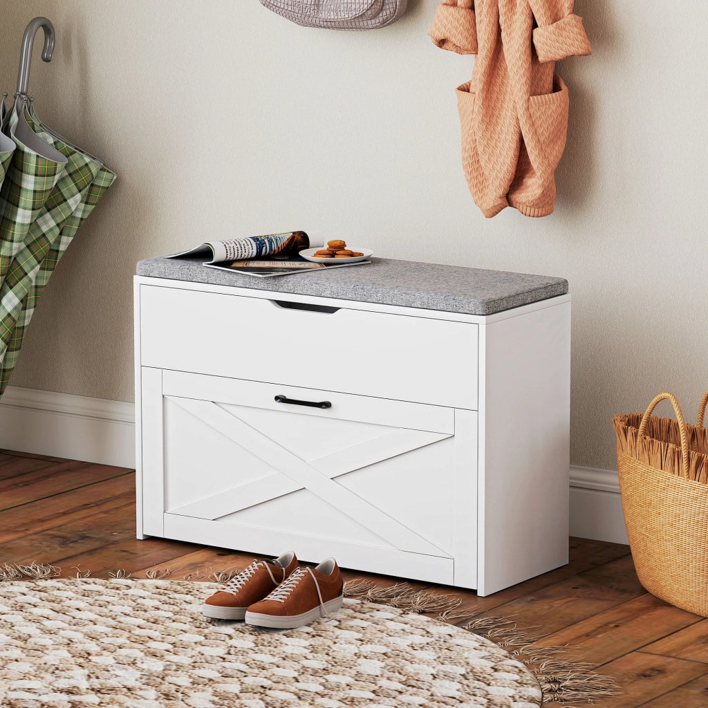 Panca Scarpiera con Cassetto e Contenitore ¨C Minimal ¨C Bianco 80x30x55 cm