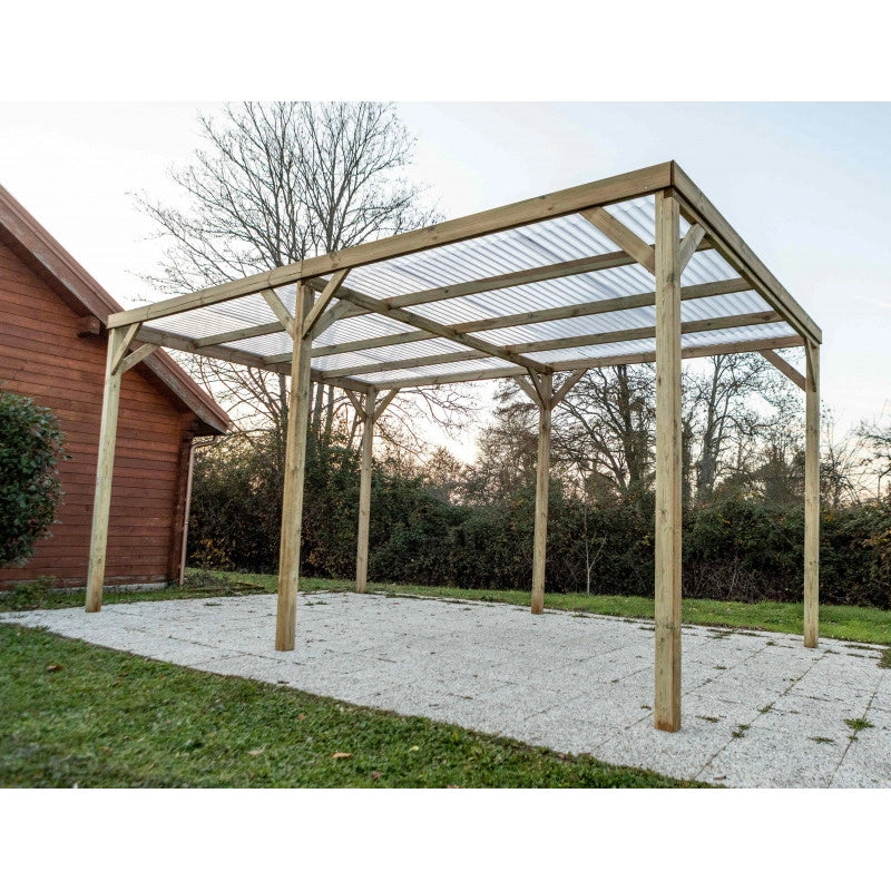 Carport in legno da giardino 302x497 cm – Tettoia auto, pergola con 6 pali – tetto PVC trasparente – autoclave – CAR3051A2(ex.CAR3051A) Foresta