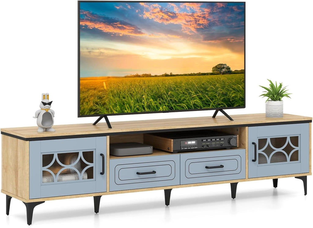 Mobile TV in Legno per Televisori Fino a 80", Mobile Porta TV 180 cm con 2 Cassetti, 2 Armadi e Scomparto, 7 Gambe Metalliche Rialzate, Consolle Media per Soggiorno (Bianco)