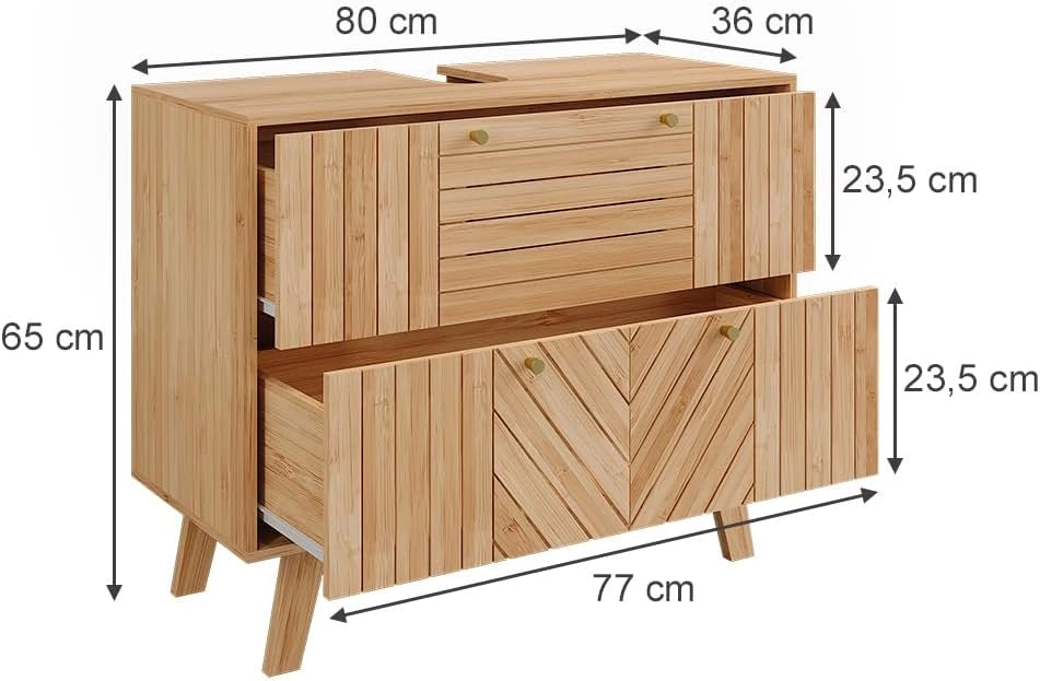 Mobile sottolavabo per bagno Lucie, Bambù, 80 x 65 cm con 2 cassetti, adatto per la conservazione salvaspazio di accessori da bagno