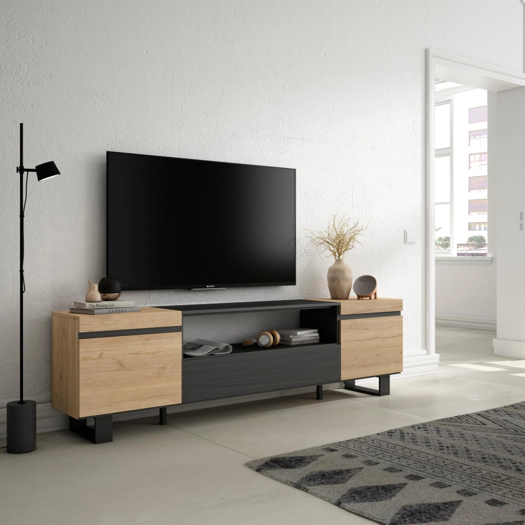 Mobile TV, 200x35x57cm, soggiorno, Per TV fino a 80", Design industriale, colore Rovere e nero RF2257
