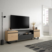 Mobile TV, 200x35x57cm, soggiorno, Per TV fino a 80", Design industriale, colore Rovere e nero RF2257