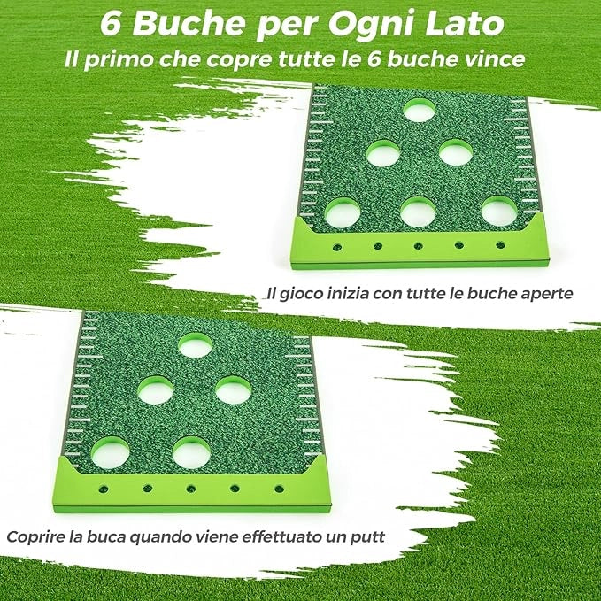 Putting Green, Set Gioco Golf Pong con 2 Putter Regolabili, 6 Palline e 12 Copri Buchi, Tappetino da Golf per Fester, Giardino e Casa, 332 cm x 50 cm