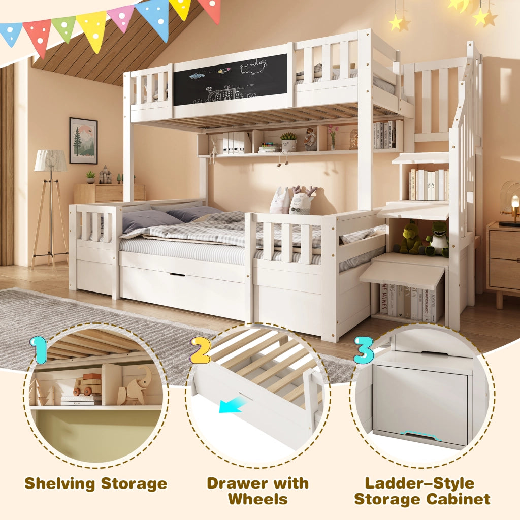 OKWISH Letto a Castello 90×200 cm e 140×200 cm, Letto 3 Posti con Contenitore, 2 Cassetti e Lavagna, senza Materasso, Bianco