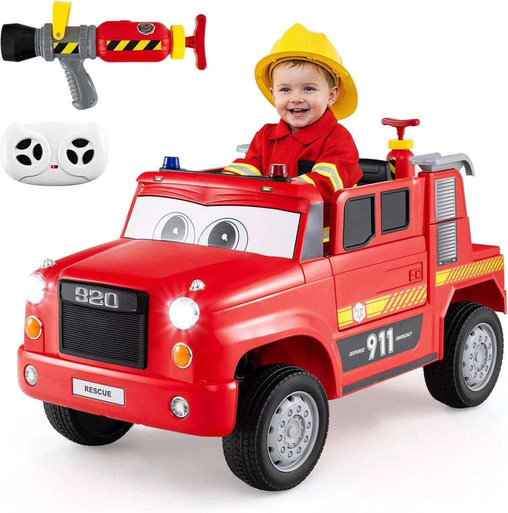 Camion dei Pompieri per Bambini, 12V Macchina Elettrica con Spruzzatore d'Acqua, Telecomando, Musica, Sirena, Luci e Avvio Morbido, Veicolo Elettrico per Bambini 3+ Anni