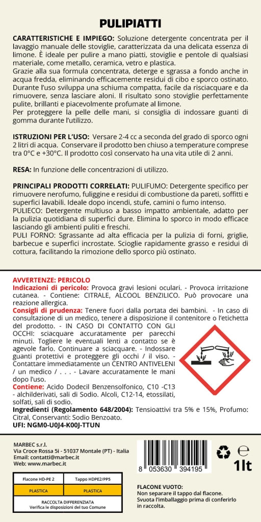 Detergente Piatti Concentrato, Sgrassa a Freddo, Risciacquo Rapido, Profumo Limone Marbec PULIPIATTI - 1LT