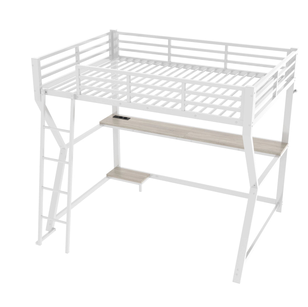 Letto a soppalco ULEVR 90x200 cm con scrivania, LED con telecomando, presa USB e scaletta, bianco